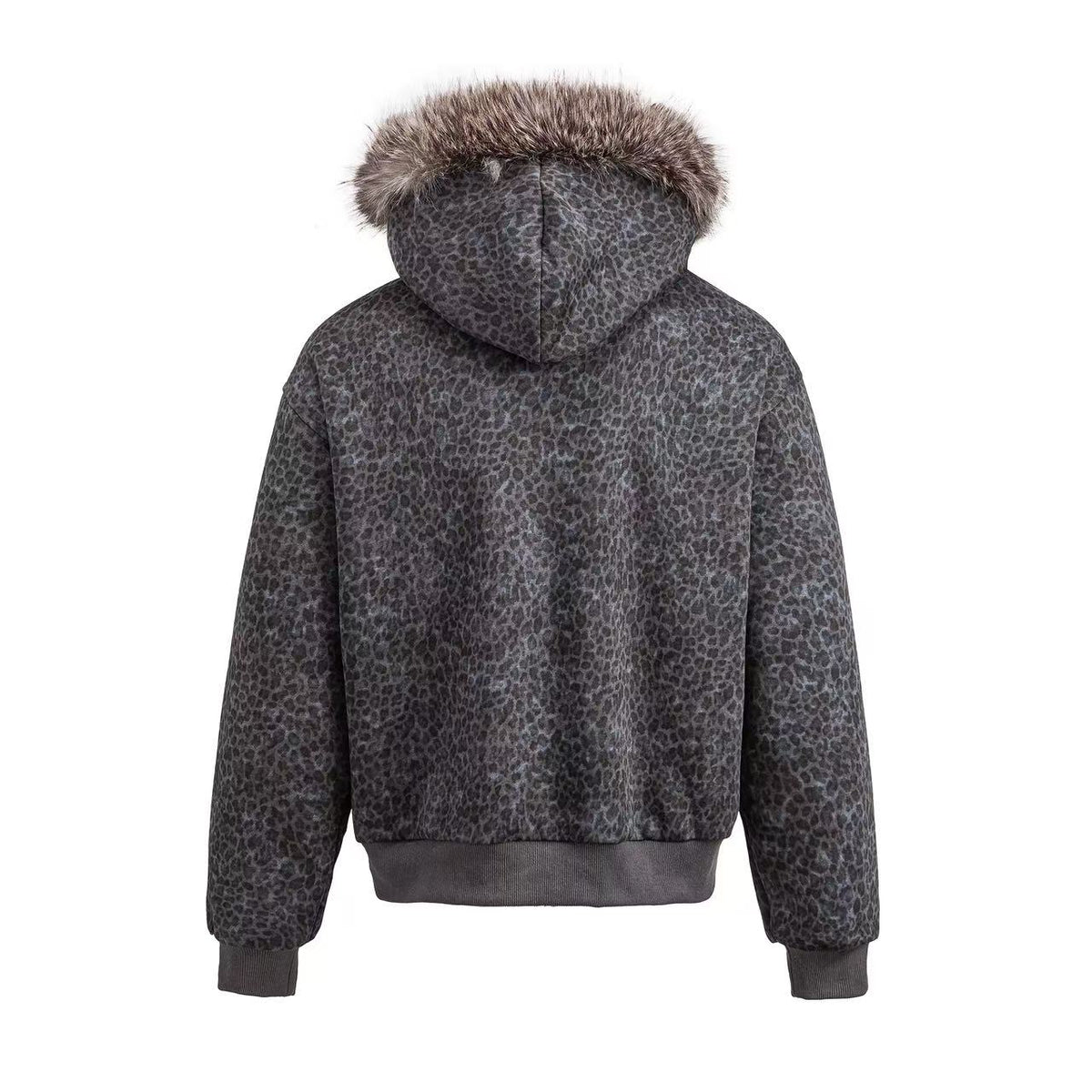 Faux Fur Hood Leopard Print Military Decorative Strap Zip Up Bomber Jacket