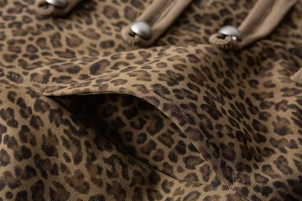 Faux Fur Hood Leopard Print Military Decorative Strap Zip Up Bomber Jacket