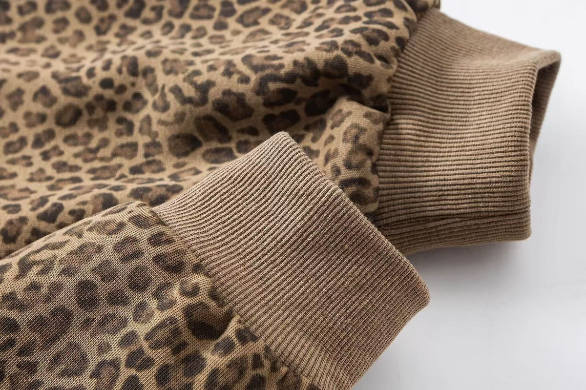 Faux Fur Hood Leopard Print Military Decorative Strap Zip Up Bomber Jacket