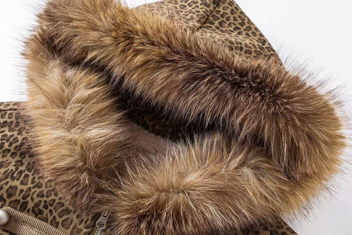 Faux Fur Hood Leopard Print Military Decorative Strap Zip Up Bomber Jacket