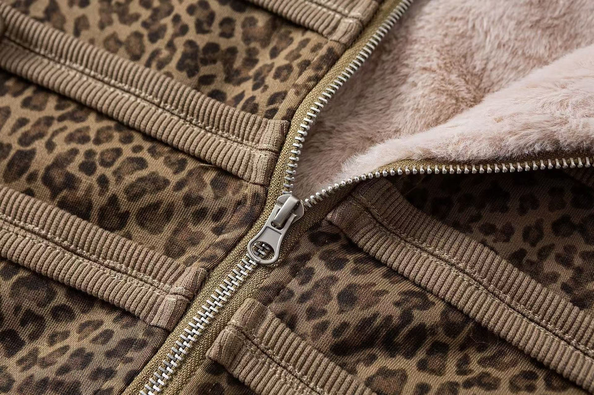 Faux Fur Hood Leopard Print Military Decorative Strap Zip Up Bomber Jacket