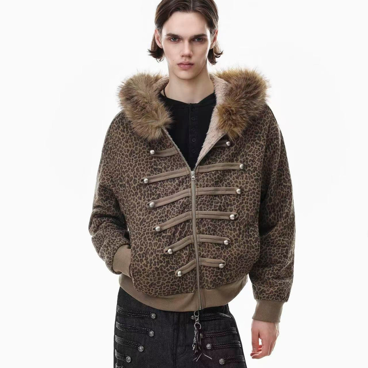 Faux Fur Hood Leopard Print Military Decorative Strap Zip Up Bomber Jacket