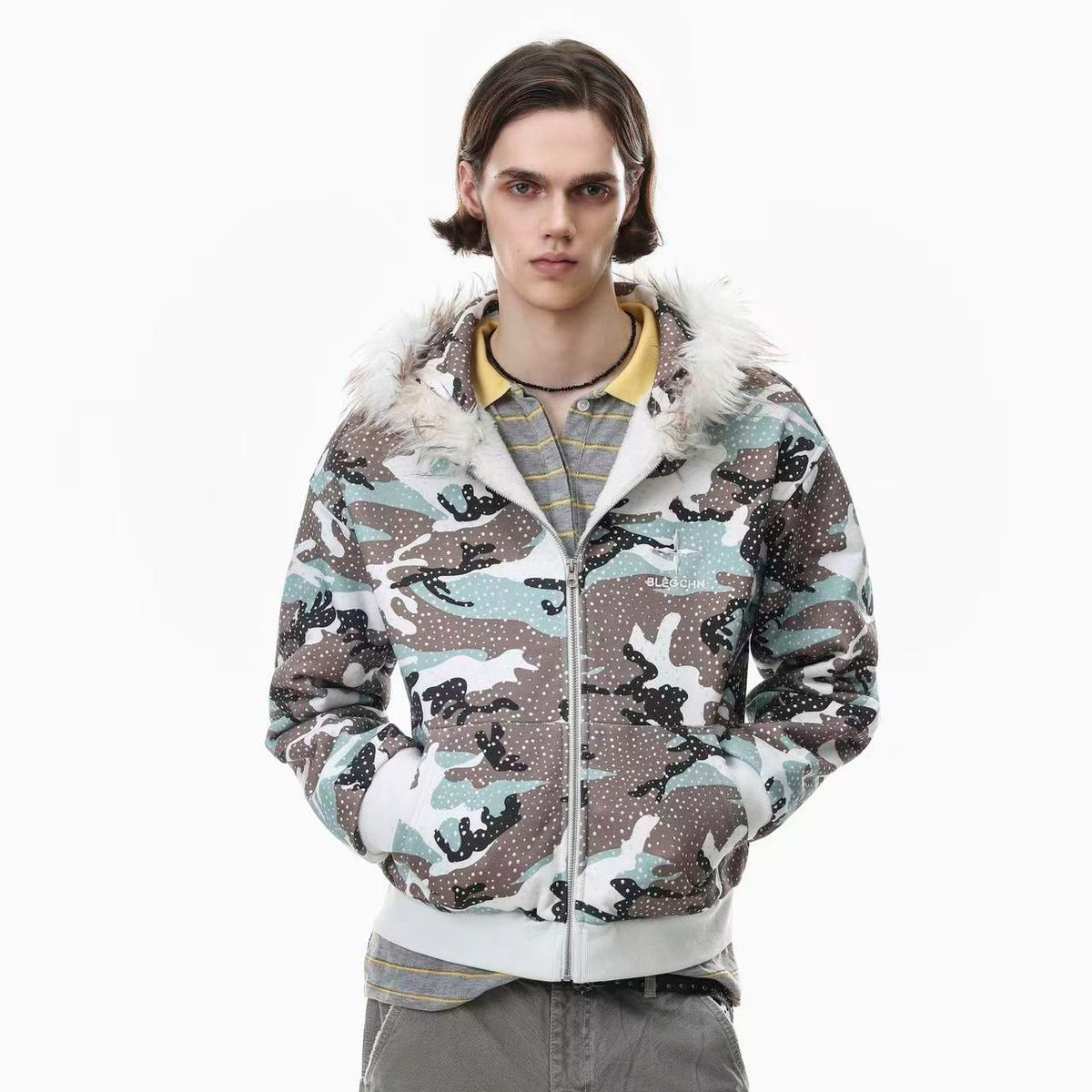 Faux Fur Hooded Star Dot Camo Print Zip-Up Padded Bomber Jacket