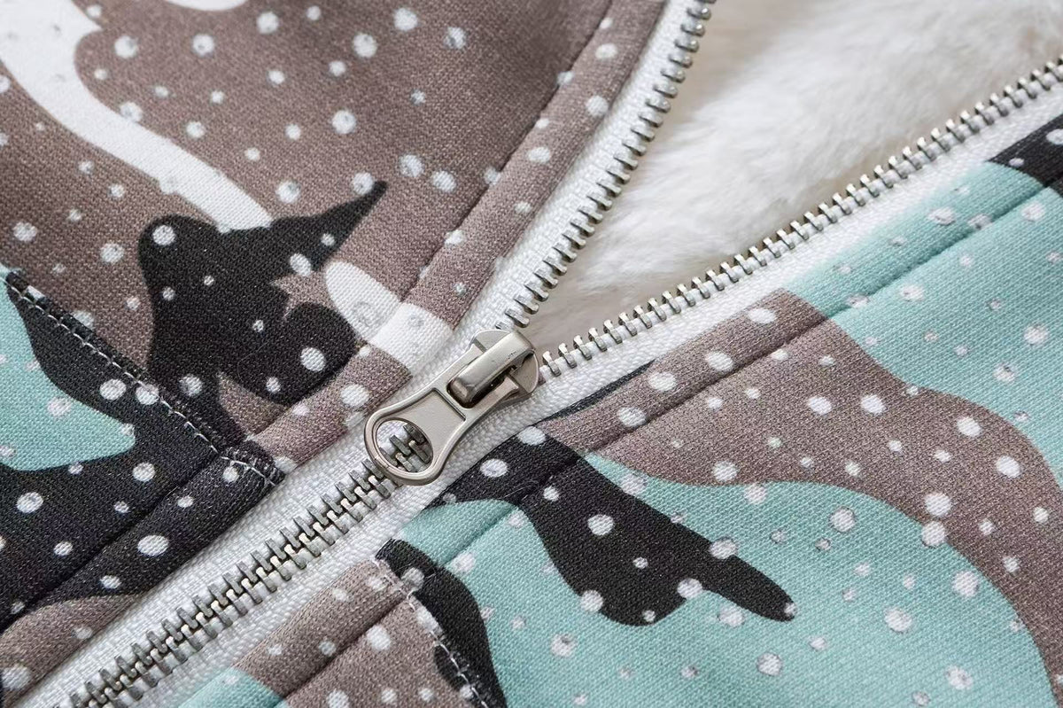 Faux Fur Hooded Star Dot Camo Print Zip-Up Padded Bomber Jacket