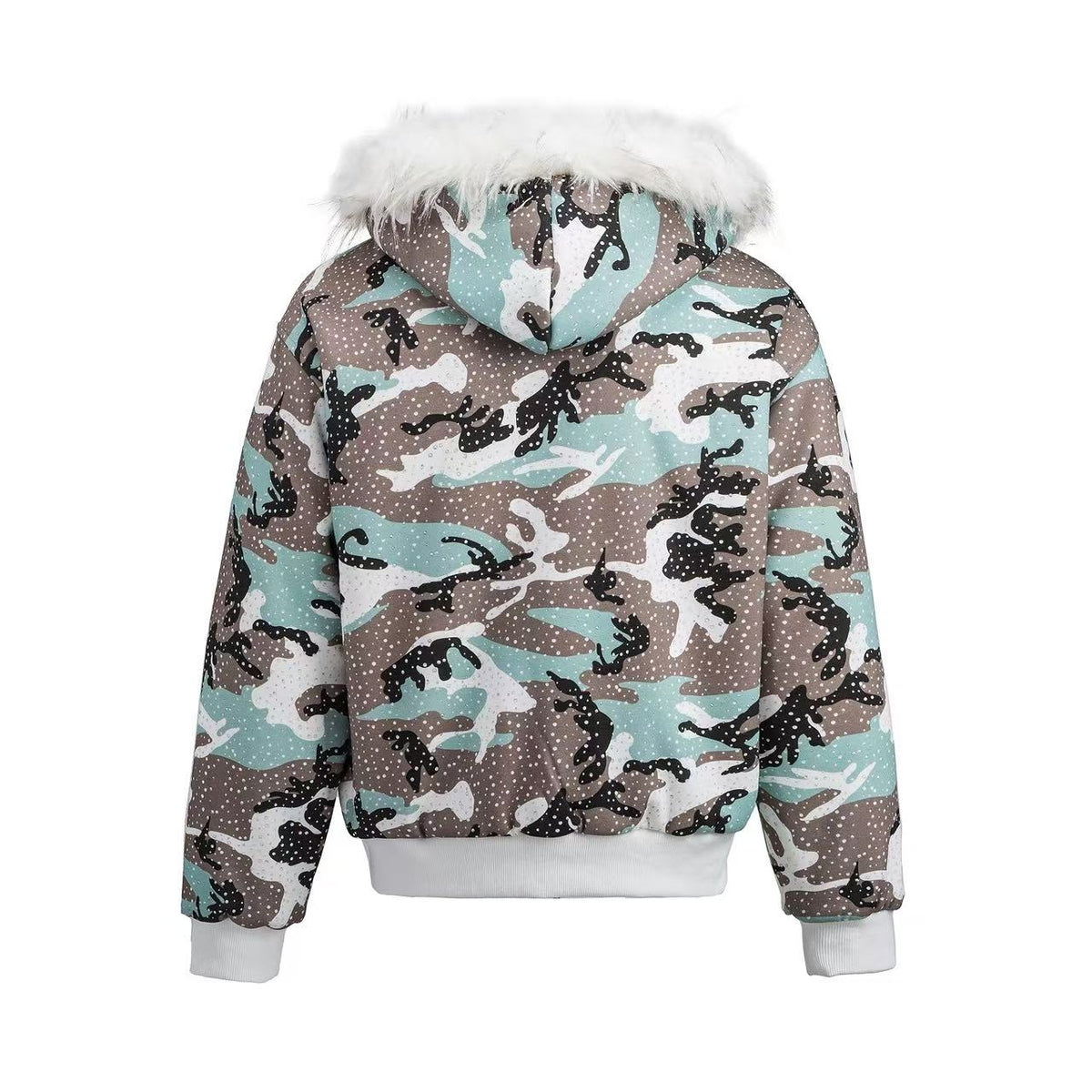 Faux Fur Hooded Star Dot Camo Print Zip-Up Padded Bomber Jacket