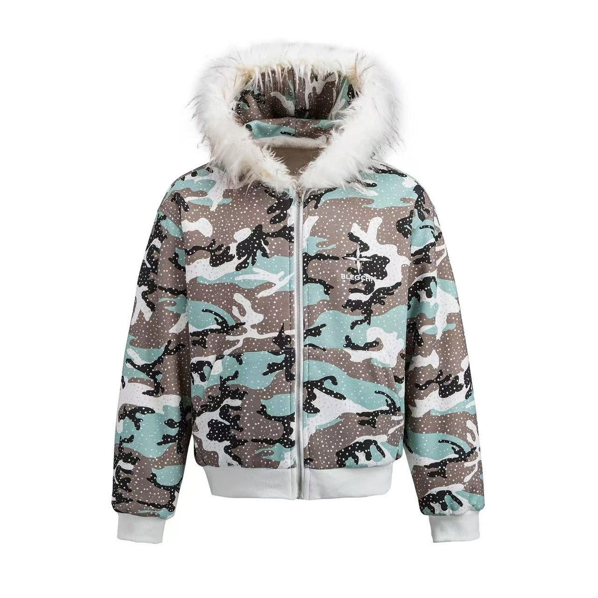 Faux Fur Hooded Star Dot Camo Print Zip-Up Padded Bomber Jacket