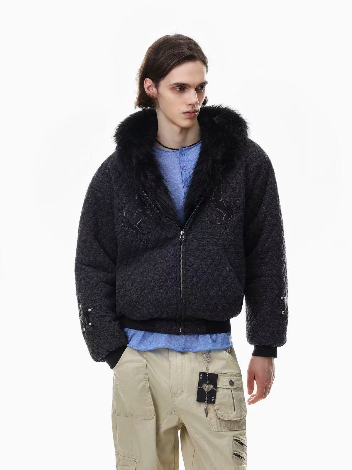 Diamond Quilted Faux Fur Lined Hood Horse Embroidery Star Patch Zip‑Up Jacket