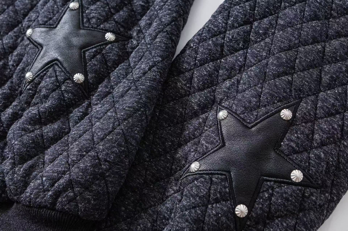 Diamond Quilted Faux Fur Lined Hood Horse Embroidery Star Patch Zip‑Up Jacket