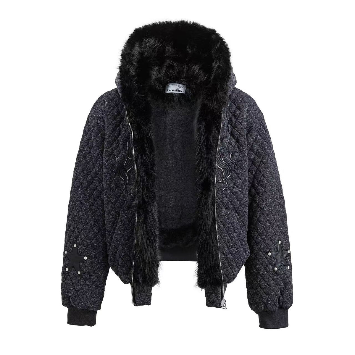 Diamond Quilted Faux Fur Lined Hood Horse Embroidery Star Patch Zip‑Up Jacket