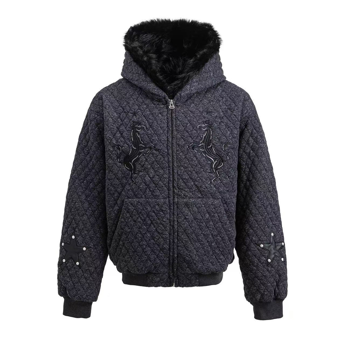 Diamond Quilted Faux Fur Lined Hood Horse Embroidery Star Patch Zip‑Up Jacket