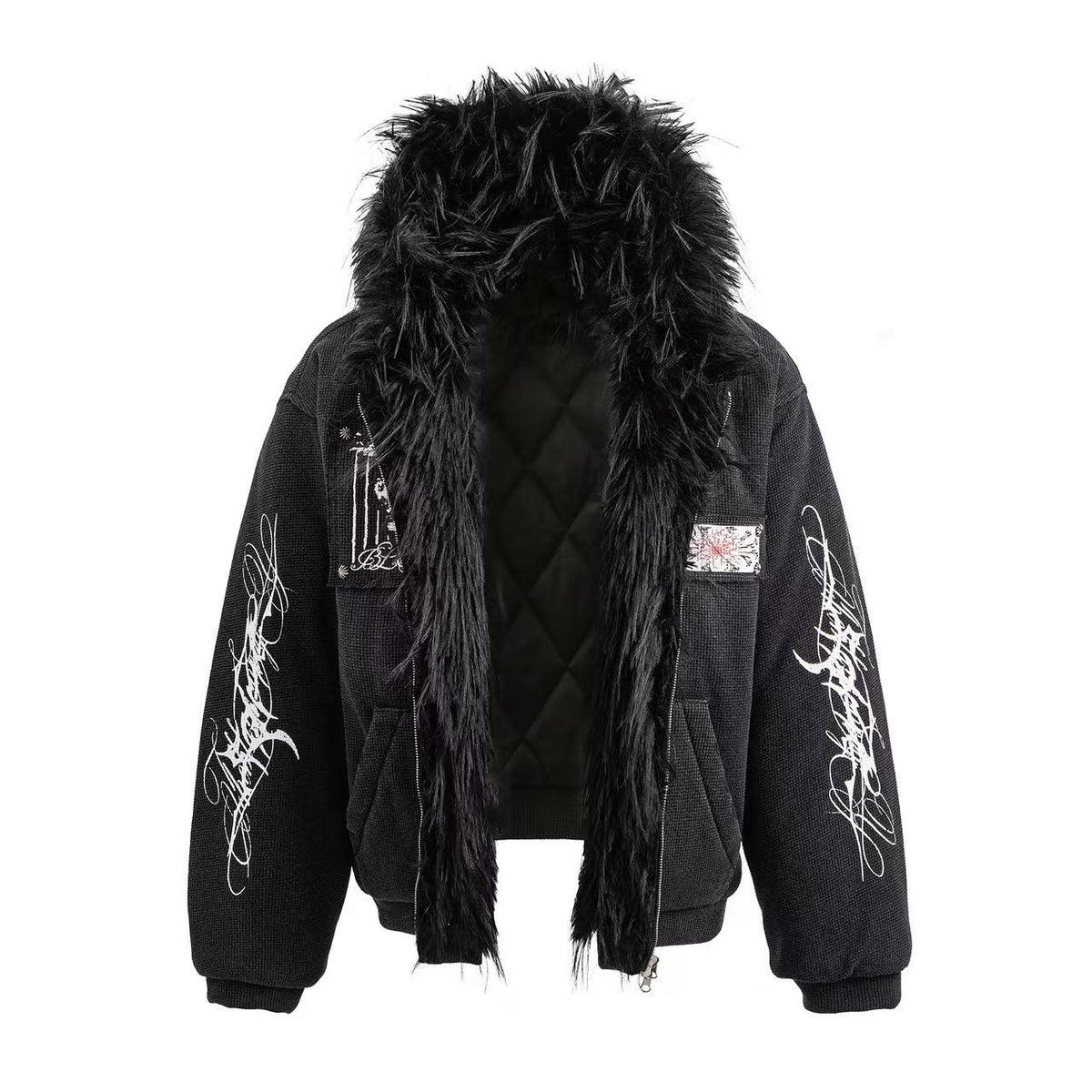 Faux Fur Hooded Graffiti Graphic Patch Zip‑Up Bomber Jacket