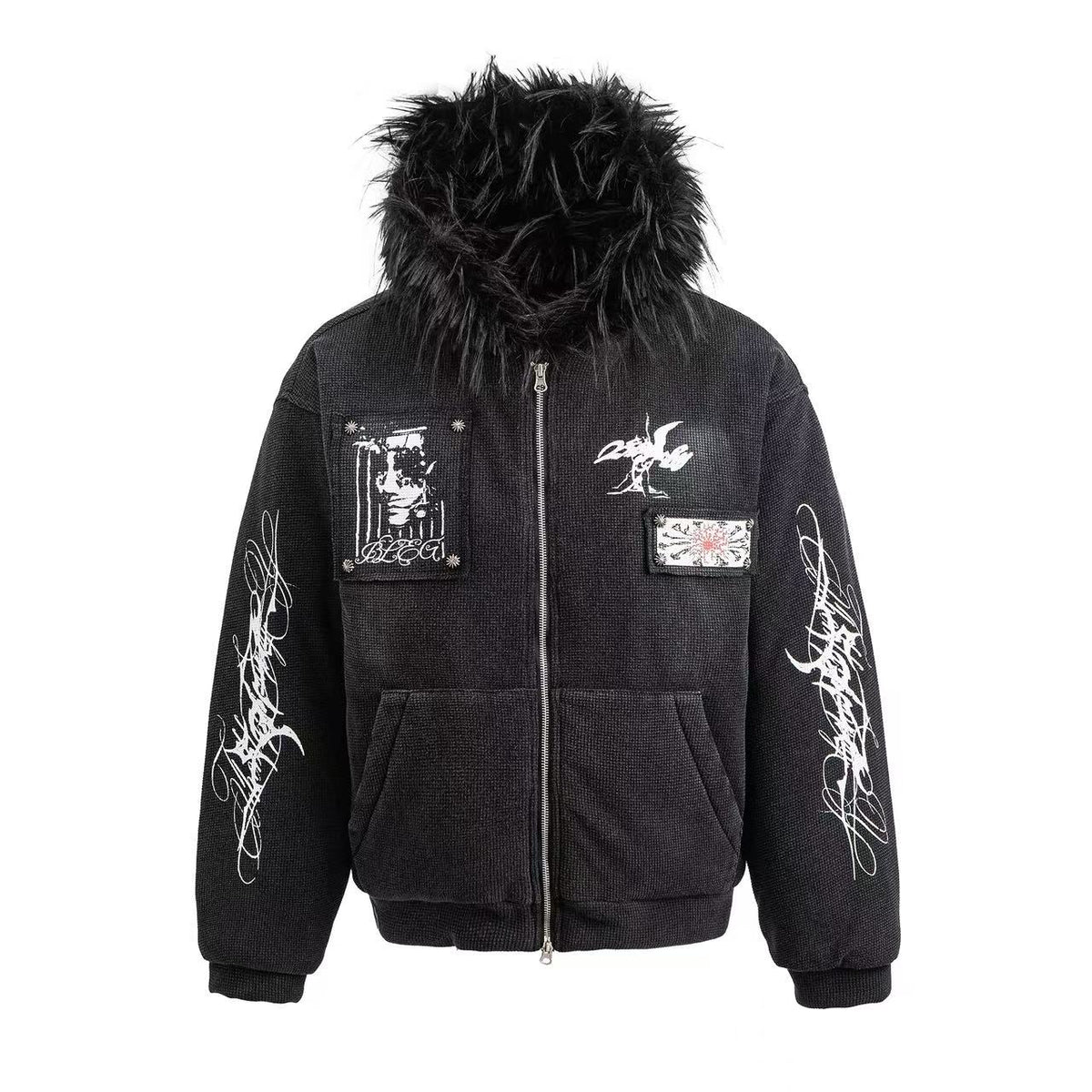 Faux Fur Hooded Graffiti Graphic Patch Zip‑Up Bomber Jacket