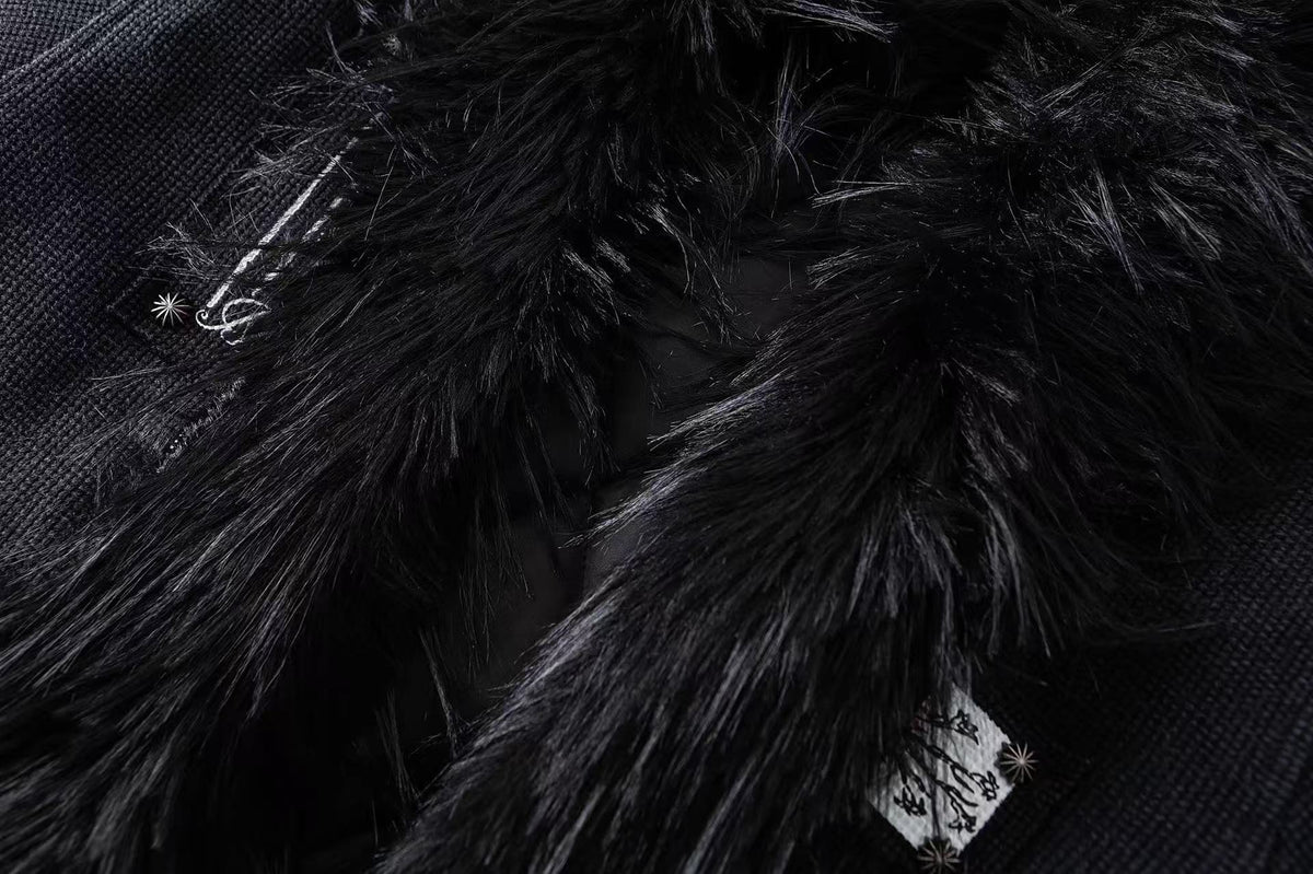 Faux Fur Hooded Graffiti Graphic Patch Zip‑Up Bomber Jacket