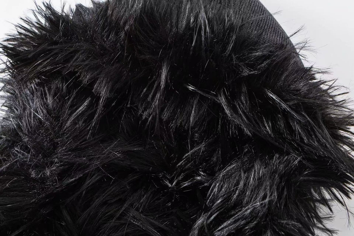 Faux Fur Hooded Graffiti Graphic Patch Zip‑Up Bomber Jacket
