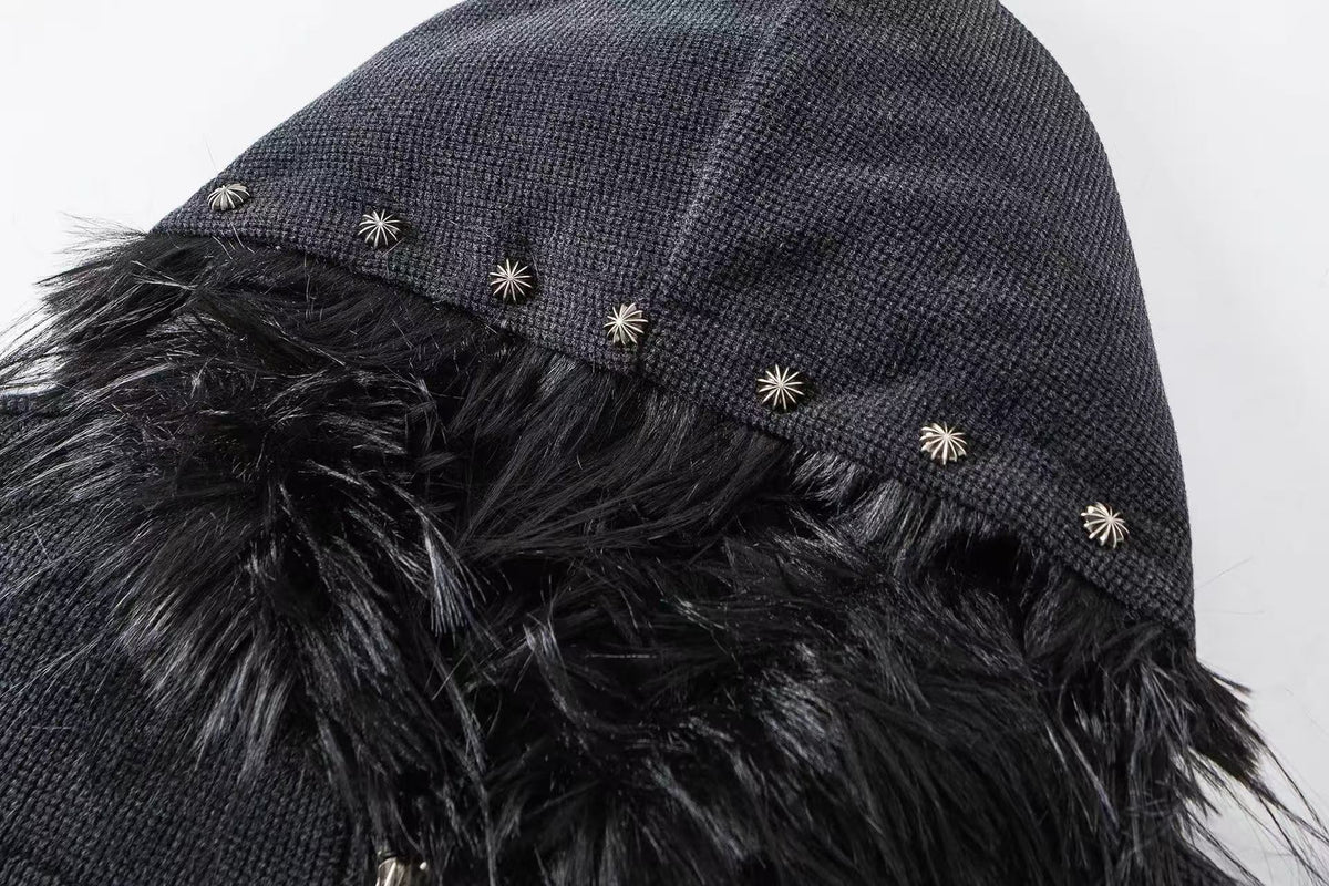 Faux Fur Hooded Graffiti Graphic Patch Zip‑Up Bomber Jacket