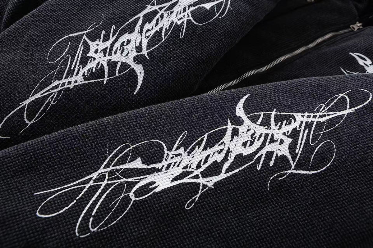Faux Fur Hooded Graffiti Graphic Patch Zip‑Up Bomber Jacket