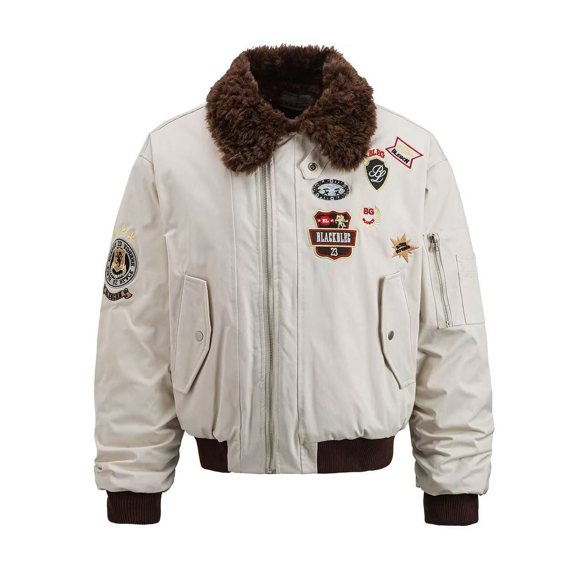 Faux Shearling Collar Multi‑Patch Decor Zip‑Up Bomber Jacket