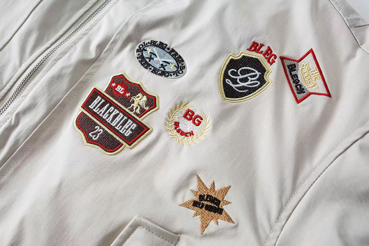 Faux Shearling Collar Multi‑Patch Decor Zip‑Up Bomber Jacket