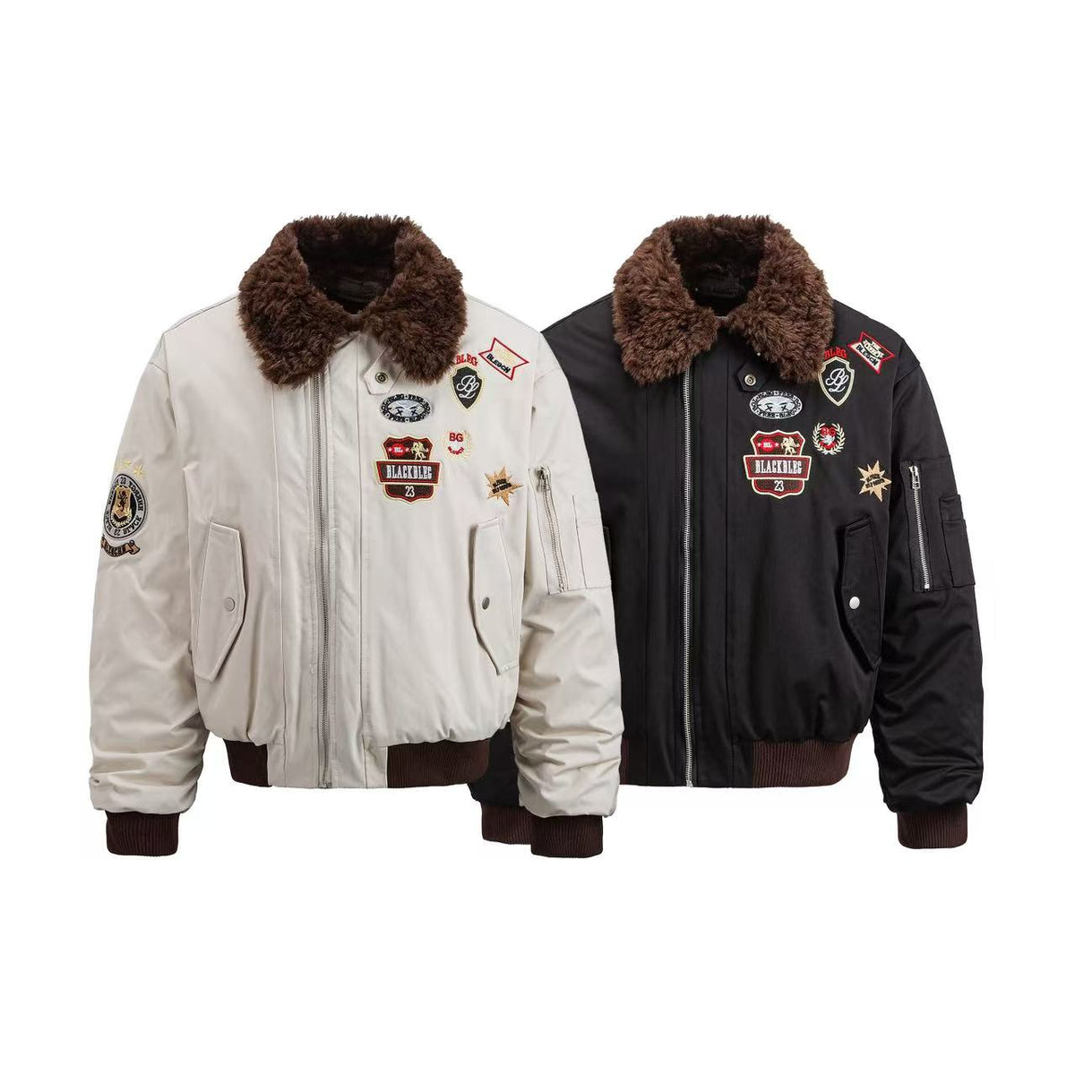 Faux Shearling Collar Multi‑Patch Decor Zip‑Up Bomber Jacket