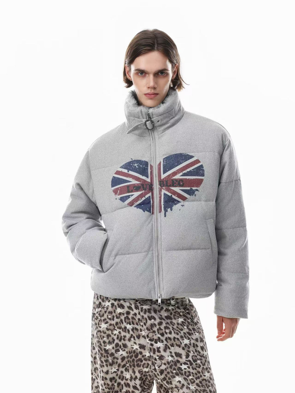 Corduroy Faux Fur Stand Collar Flag Heart Print Zip Puffer Jacket