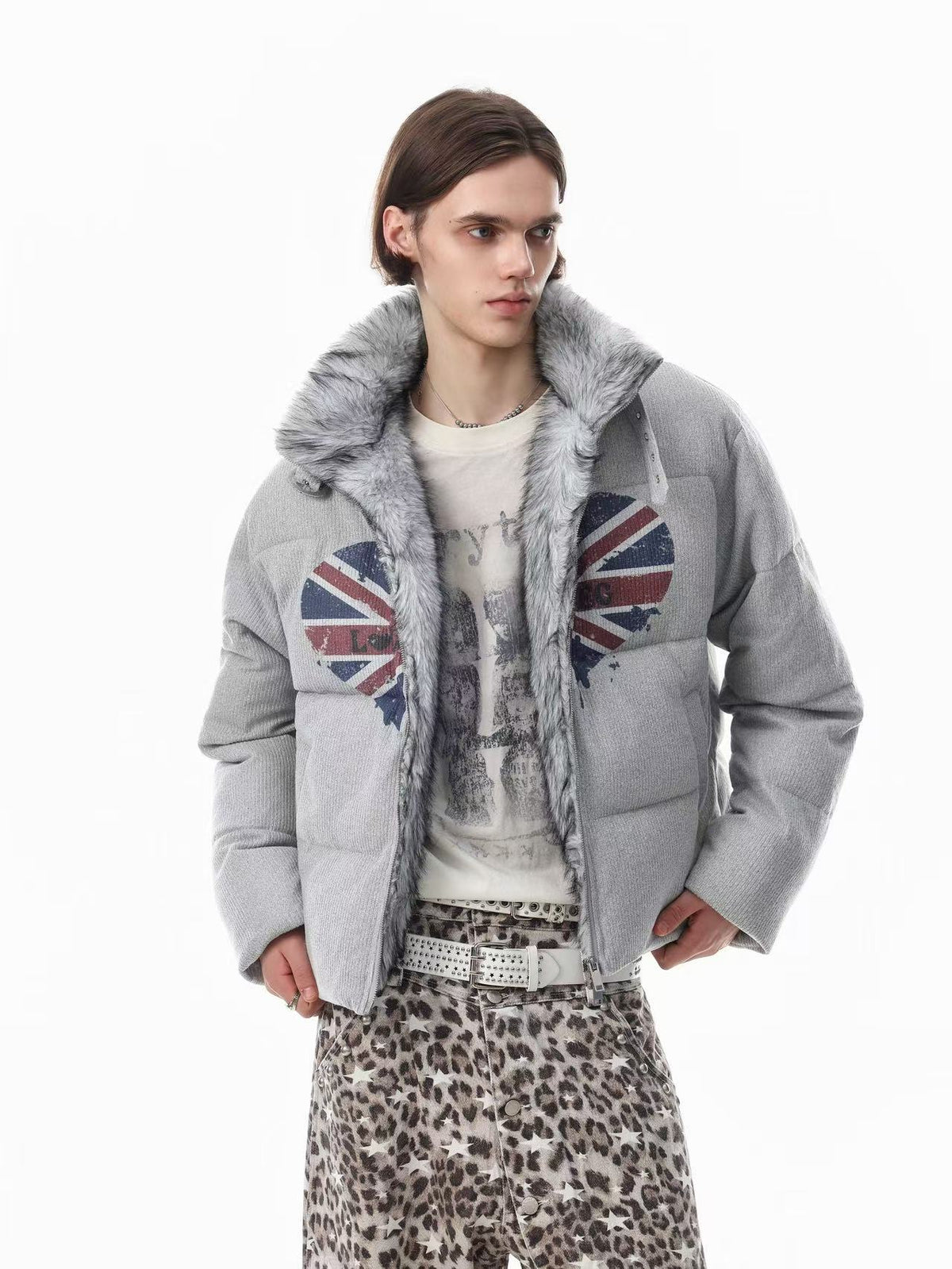 Corduroy Faux Fur Stand Collar Flag Heart Print Zip Puffer Jacket