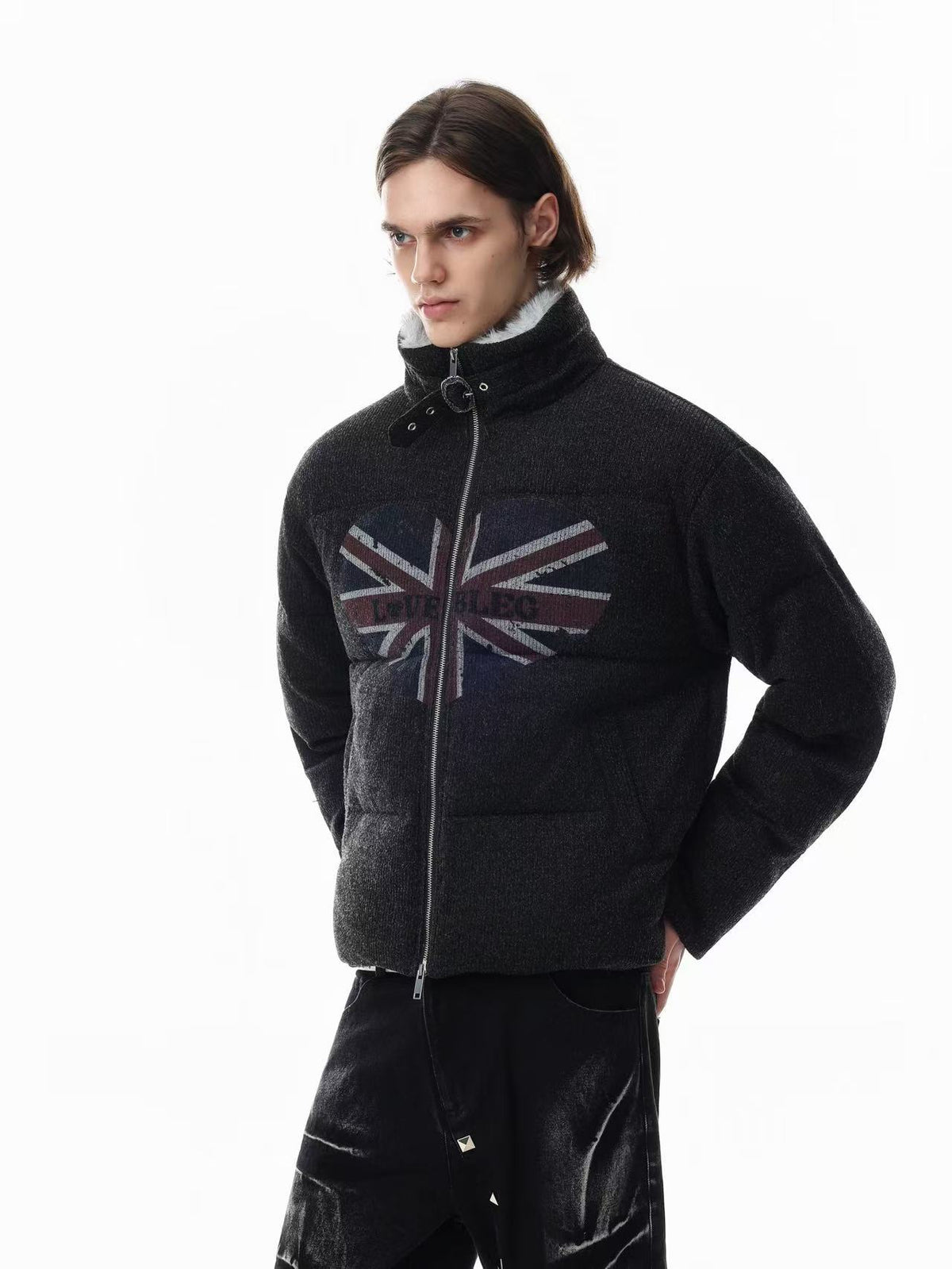 Corduroy Faux Fur Stand Collar Flag Heart Print Zip Puffer Jacket