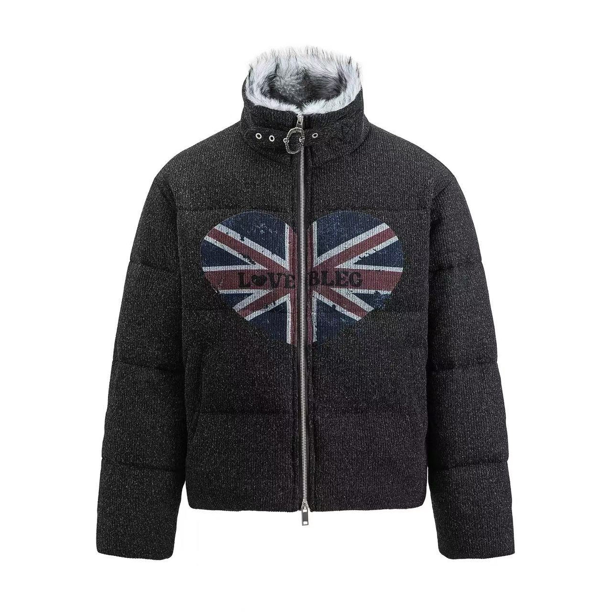 Corduroy Faux Fur Stand Collar Flag Heart Print Zip Puffer Jacket