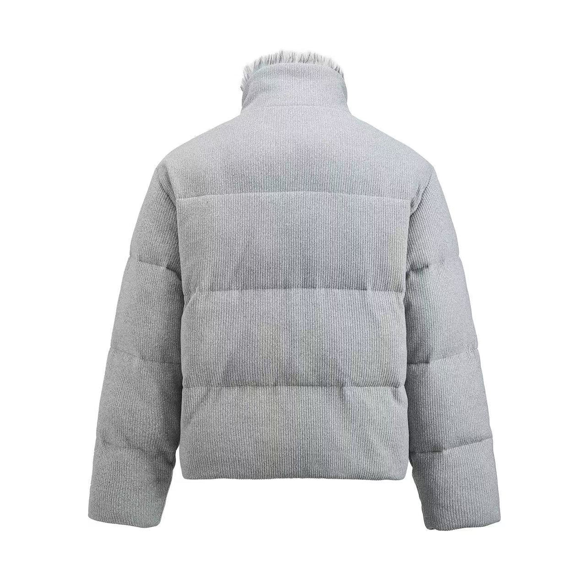 Corduroy Faux Fur Stand Collar Flag Heart Print Zip Puffer Jacket