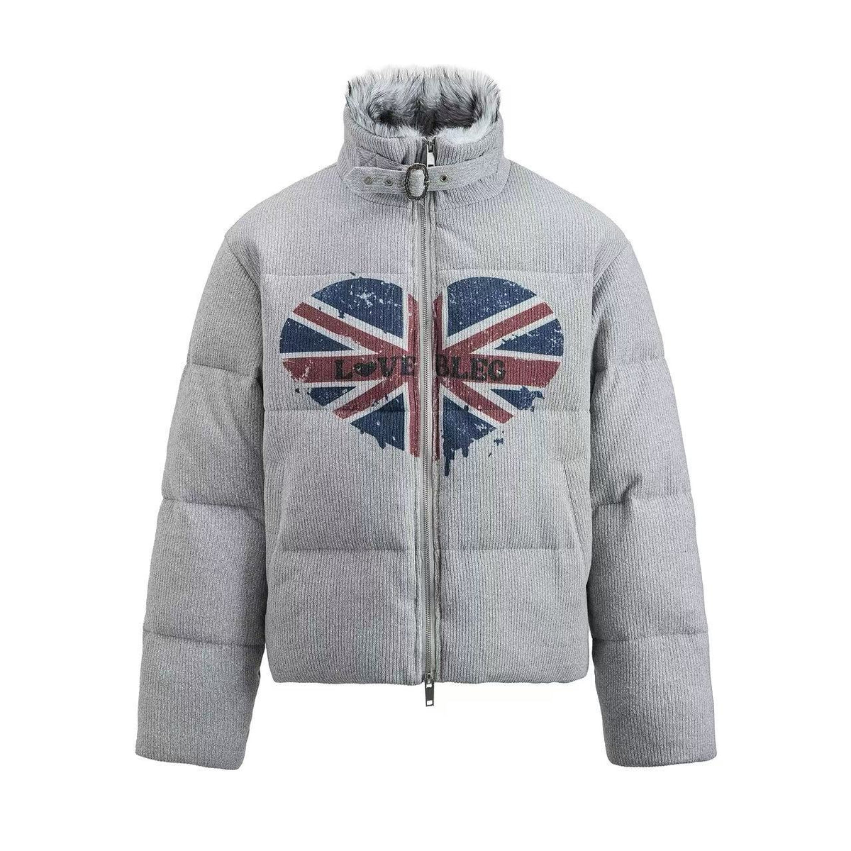 Corduroy Faux Fur Stand Collar Flag Heart Print Zip Puffer Jacket