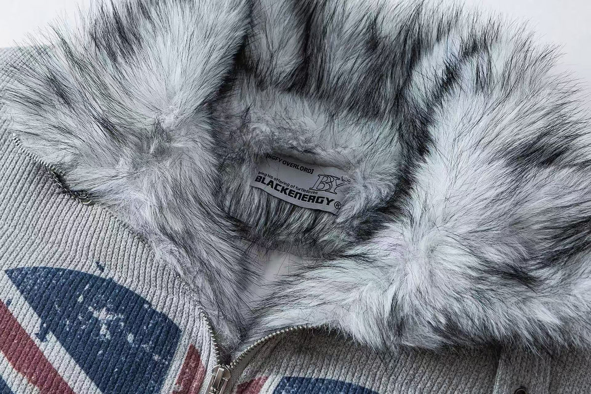 Corduroy Faux Fur Stand Collar Flag Heart Print Zip Puffer Jacket