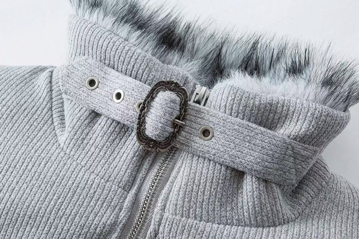 Corduroy Faux Fur Stand Collar Flag Heart Print Zip Puffer Jacket