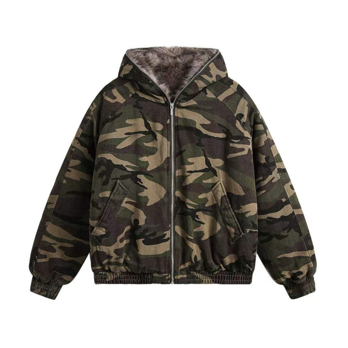 Vintage Camo Fur Collar Hooded Jacket