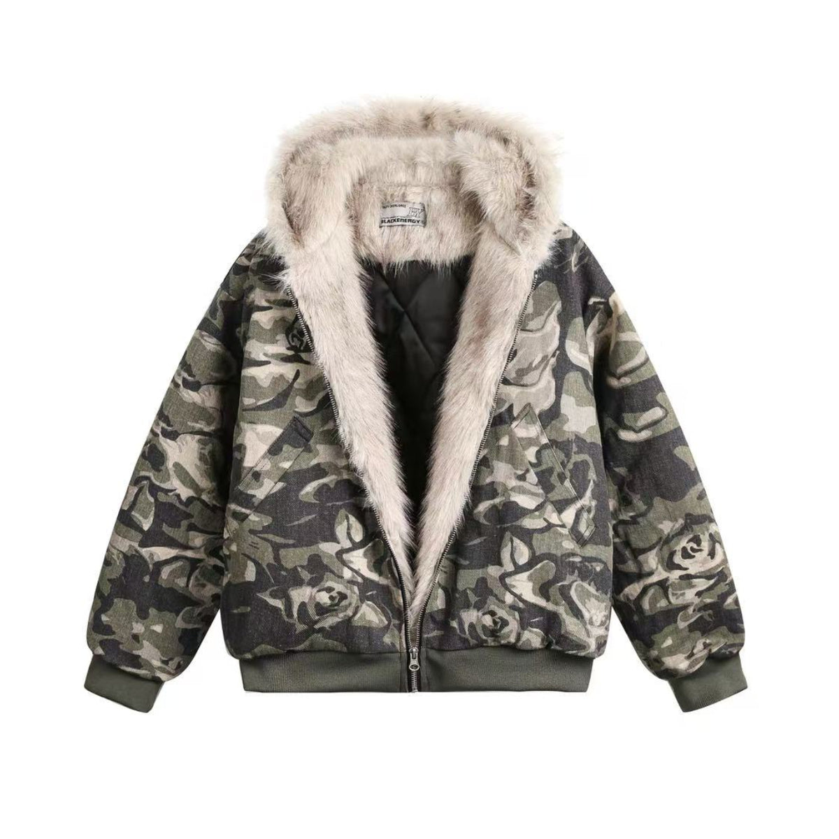 Vintage Camo Fur Collar Hooded Jacket