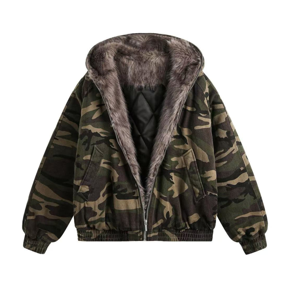 Vintage Camo Fur Collar Hooded Jacket