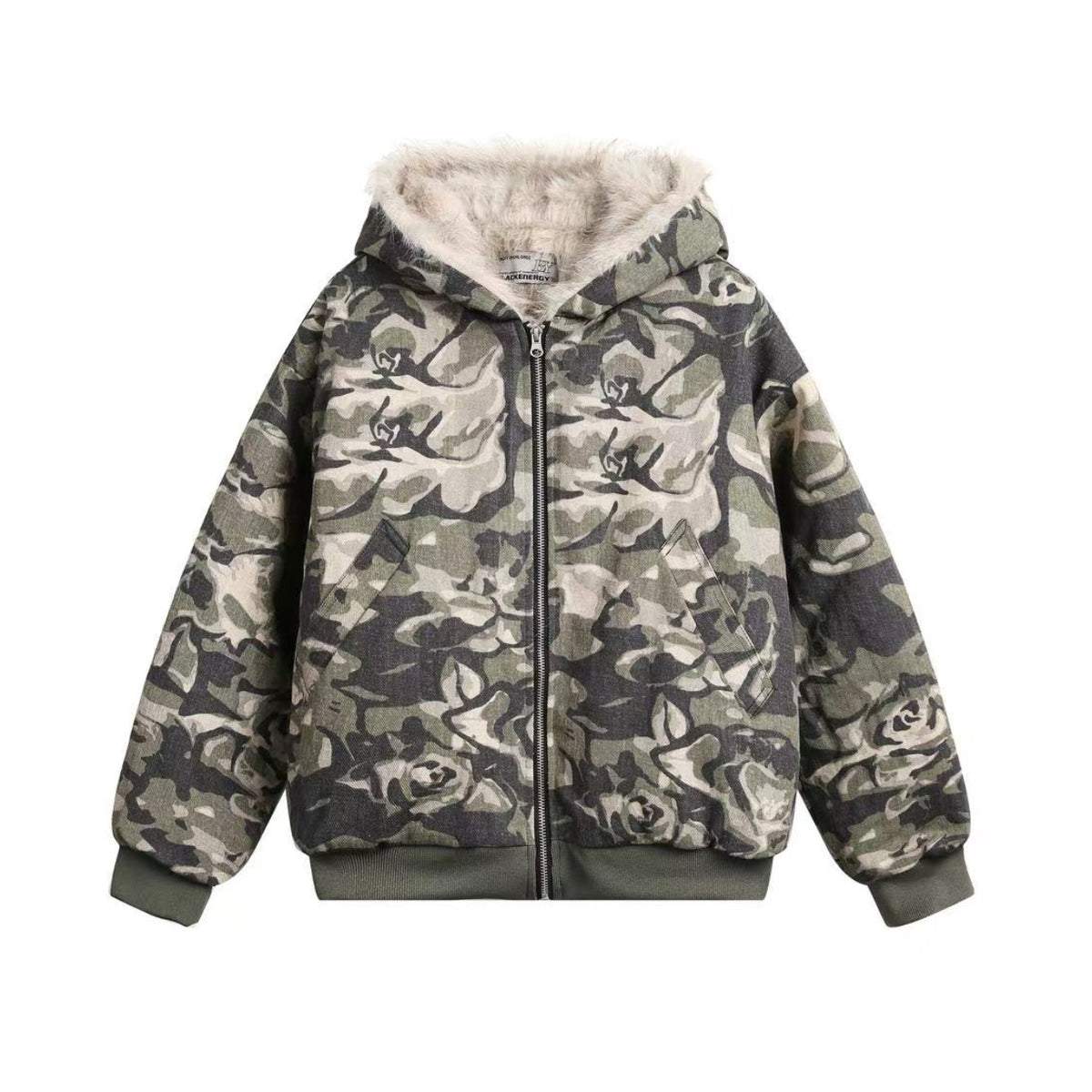 Vintage Camo Fur Collar Hooded Jacket