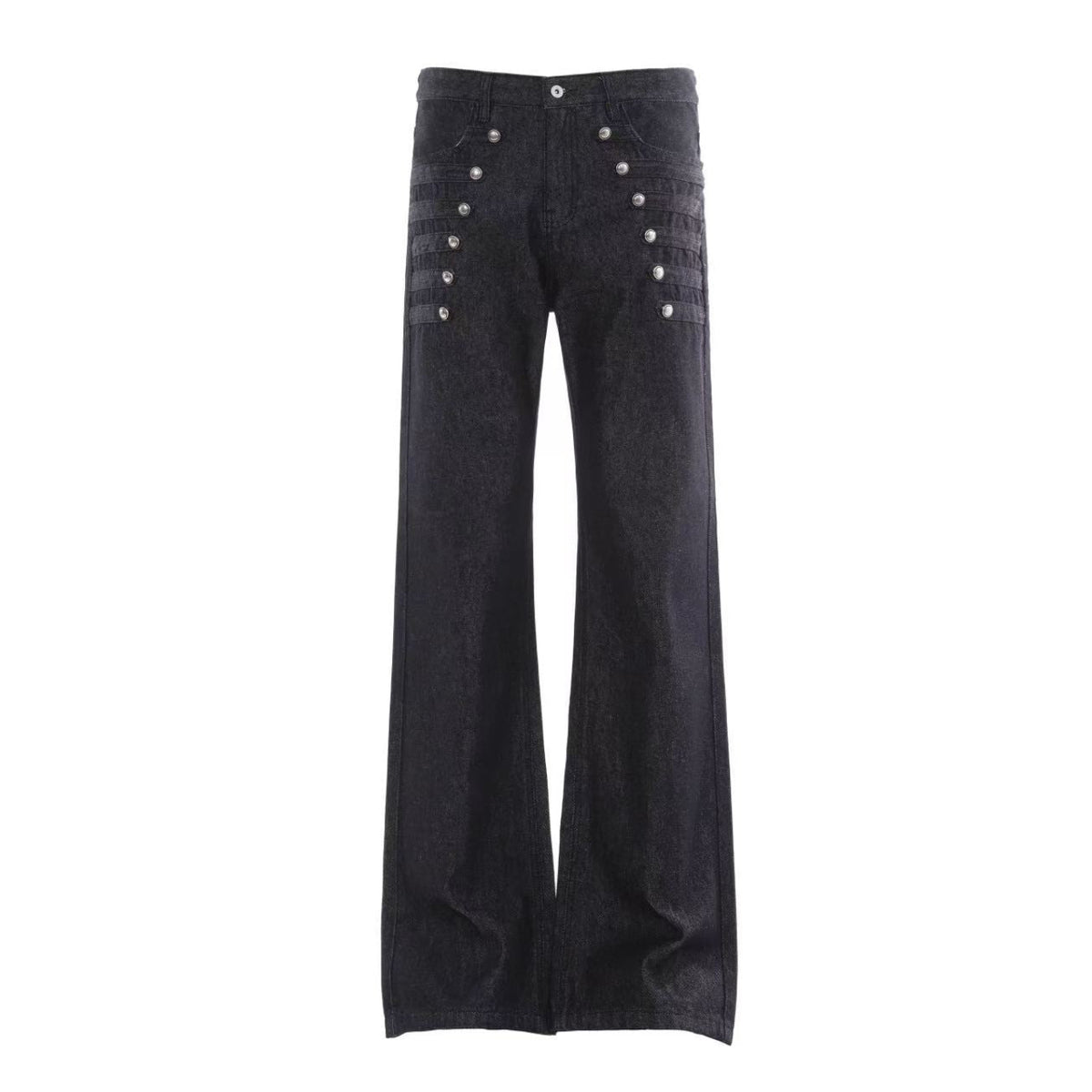 Raw Black Multi Rivet Strap Decor Flare Leg Jeans