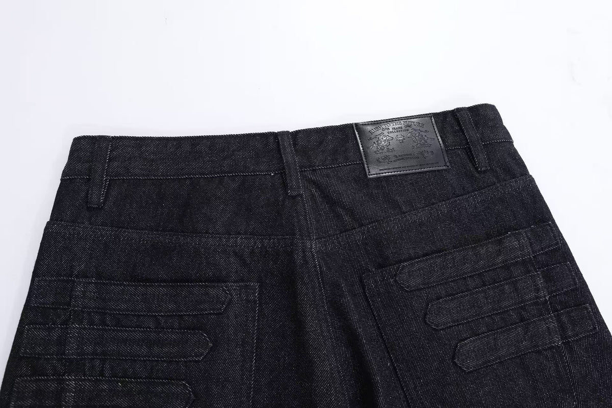 Raw Black Multi Rivet Strap Decor Flare Leg Jeans