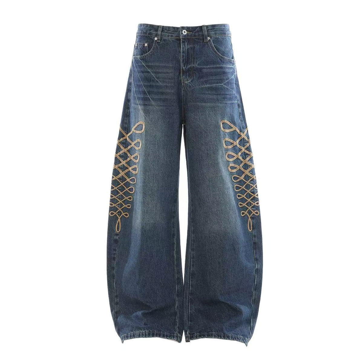 Vintage Lace-Up Embroidery Wide Leg Jeans