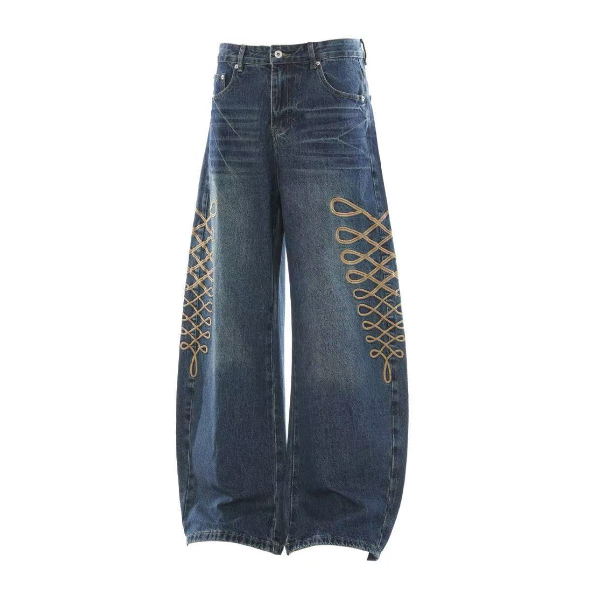 Vintage Lace-Up Embroidery Wide Leg Jeans