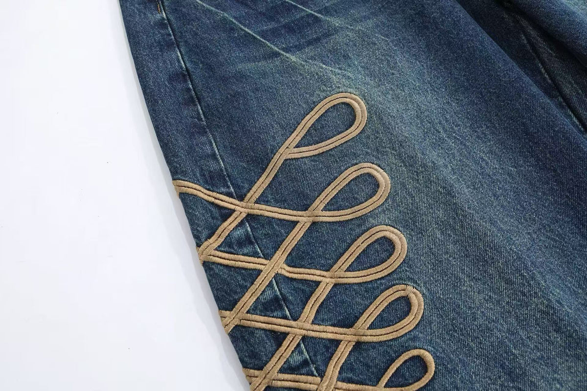 Vintage Lace-Up Embroidery Wide Leg Jeans
