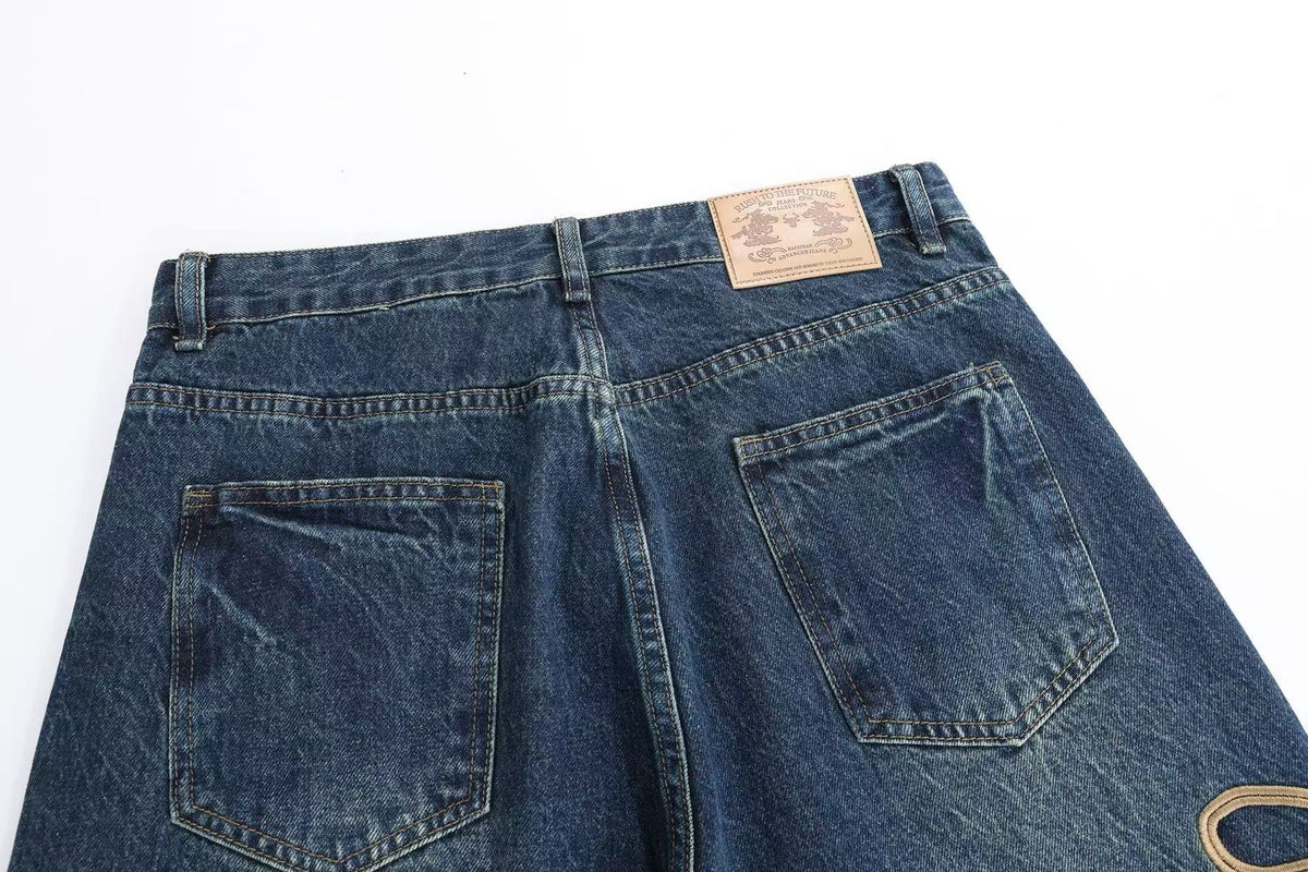 Vintage Lace-Up Embroidery Wide Leg Jeans