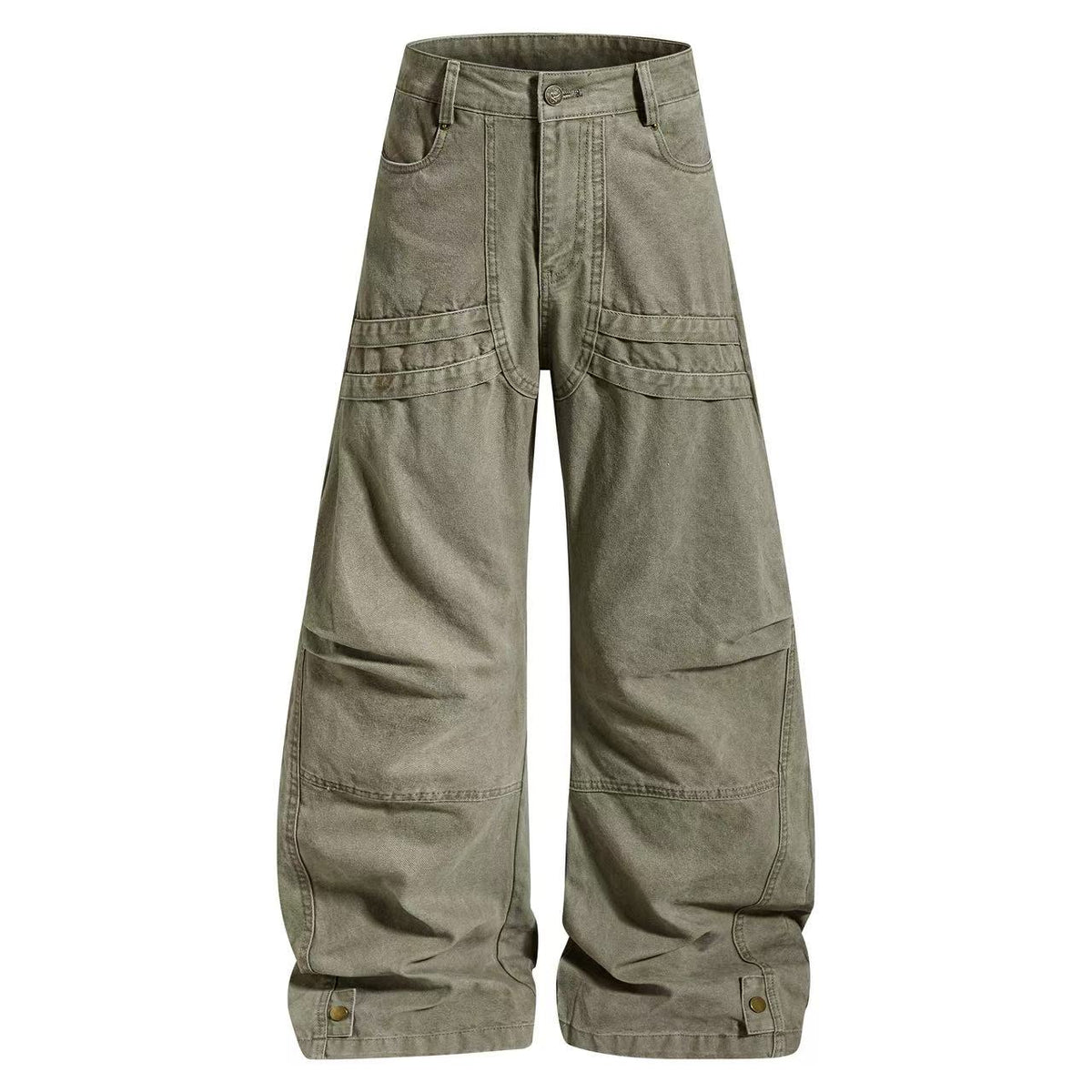 Vintage Washed Button Cuff Wide Leg Cargo Pants