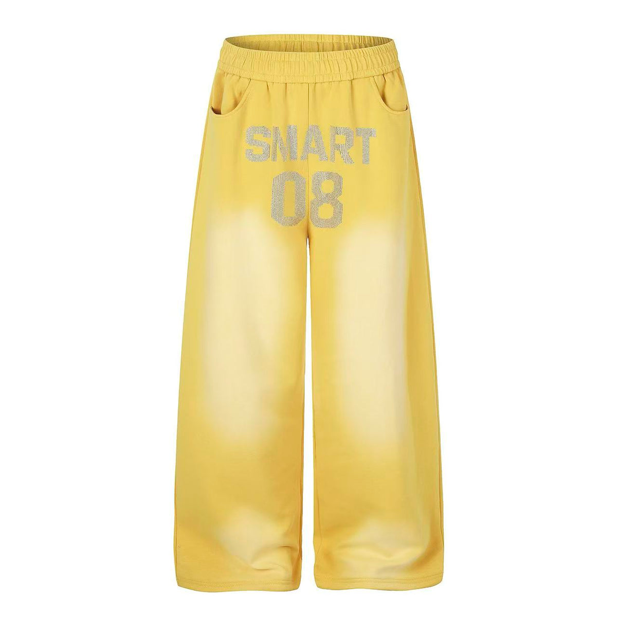 Yellow Washed Gradient Rhinestone Letter Print Wide Leg Sweatpants