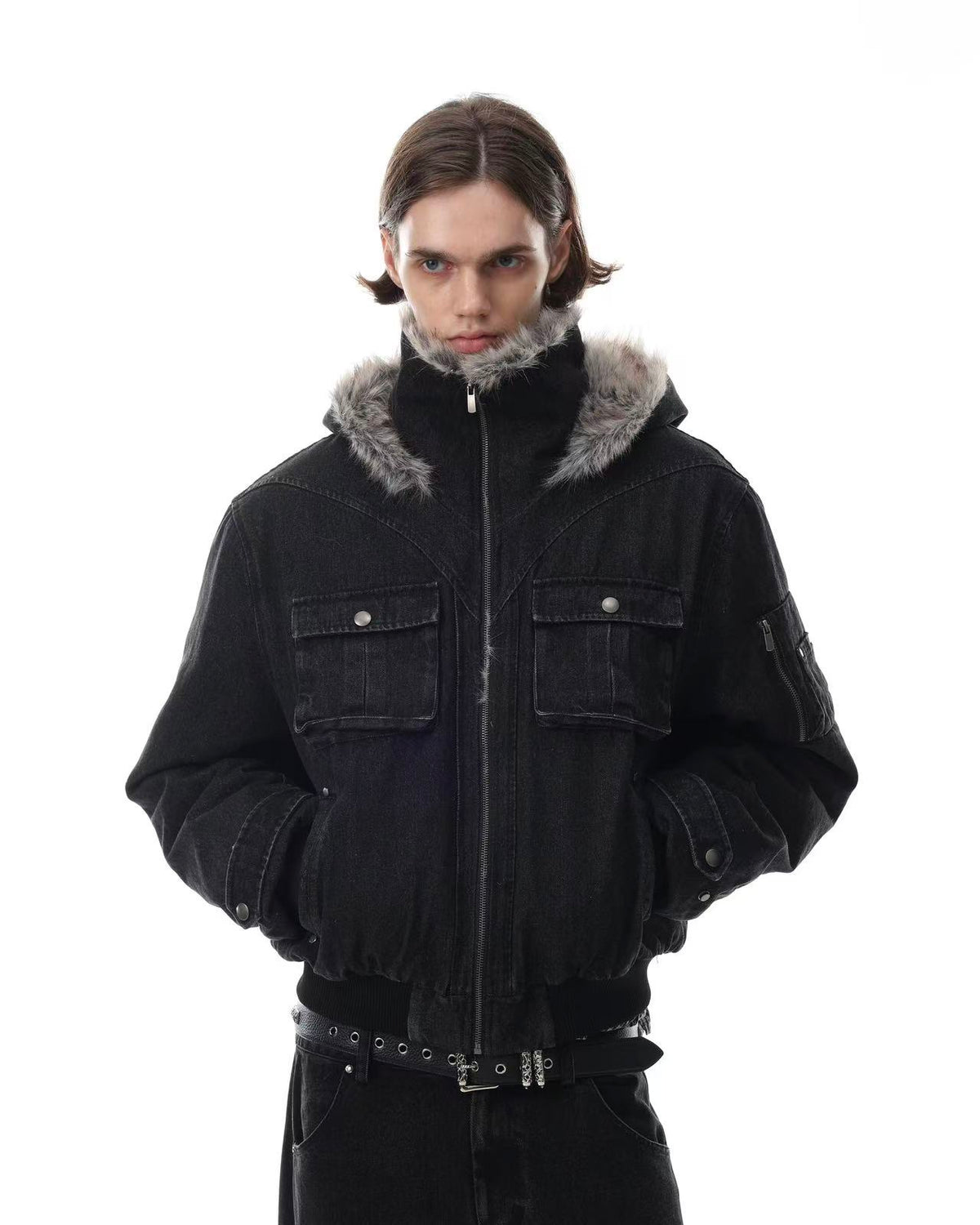 Vintage Black Washed Faux Fur Hood & Multi Pockets Jacket