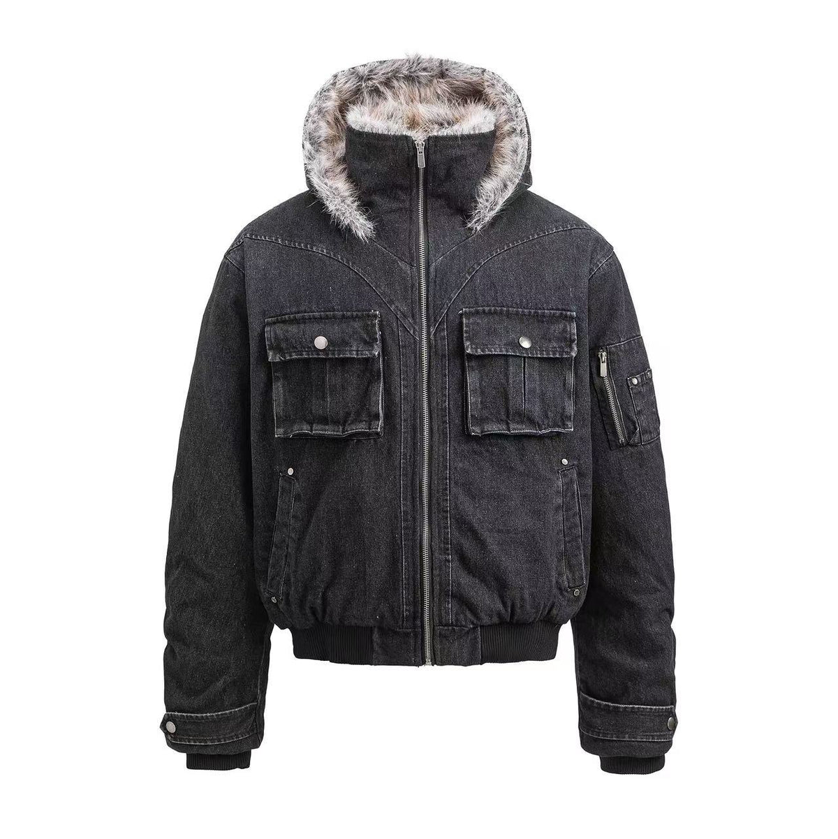 Vintage Black Washed Faux Fur Hood & Multi Pockets Jacket