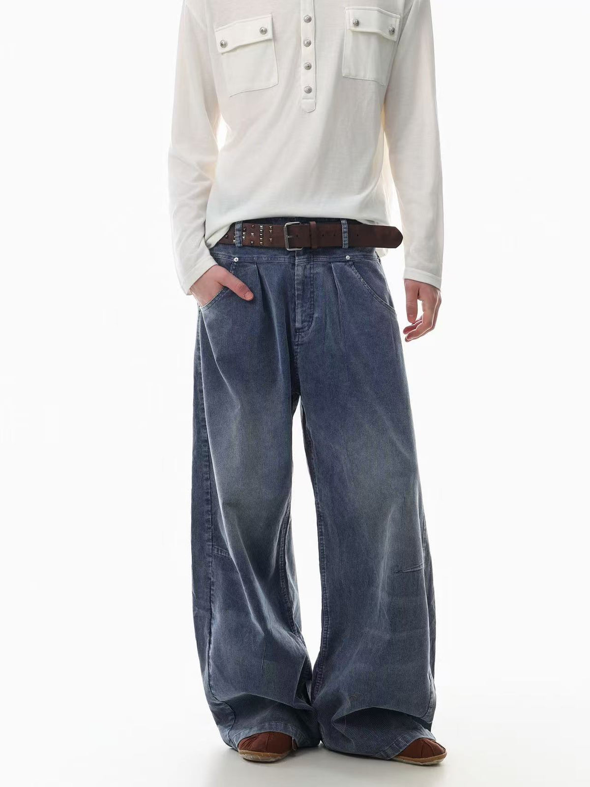 Vintage Washed Pleated Wide Barrel Corduroy Wide Leg Jeans