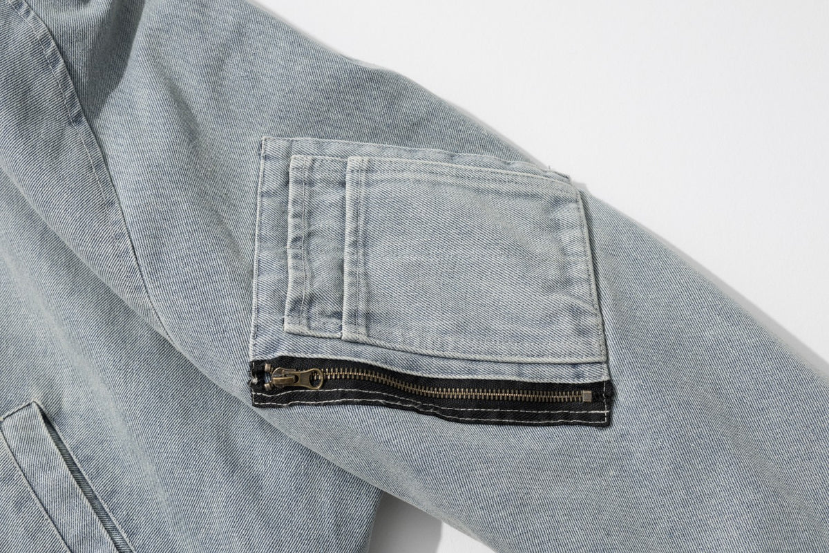 Washed Denim Faux Fur Lined Hooded Bomber Jacket