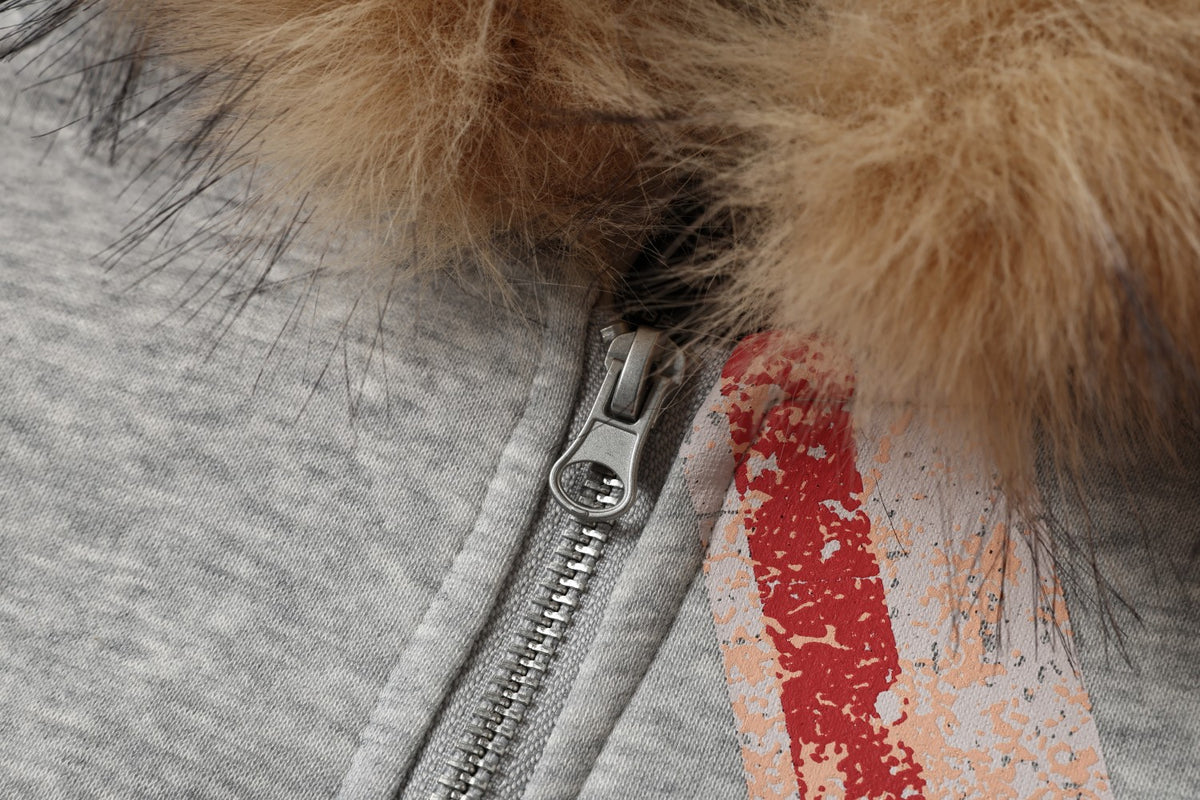 Vintage Union Jack Faux Fur Trim Zip Up Hoodie