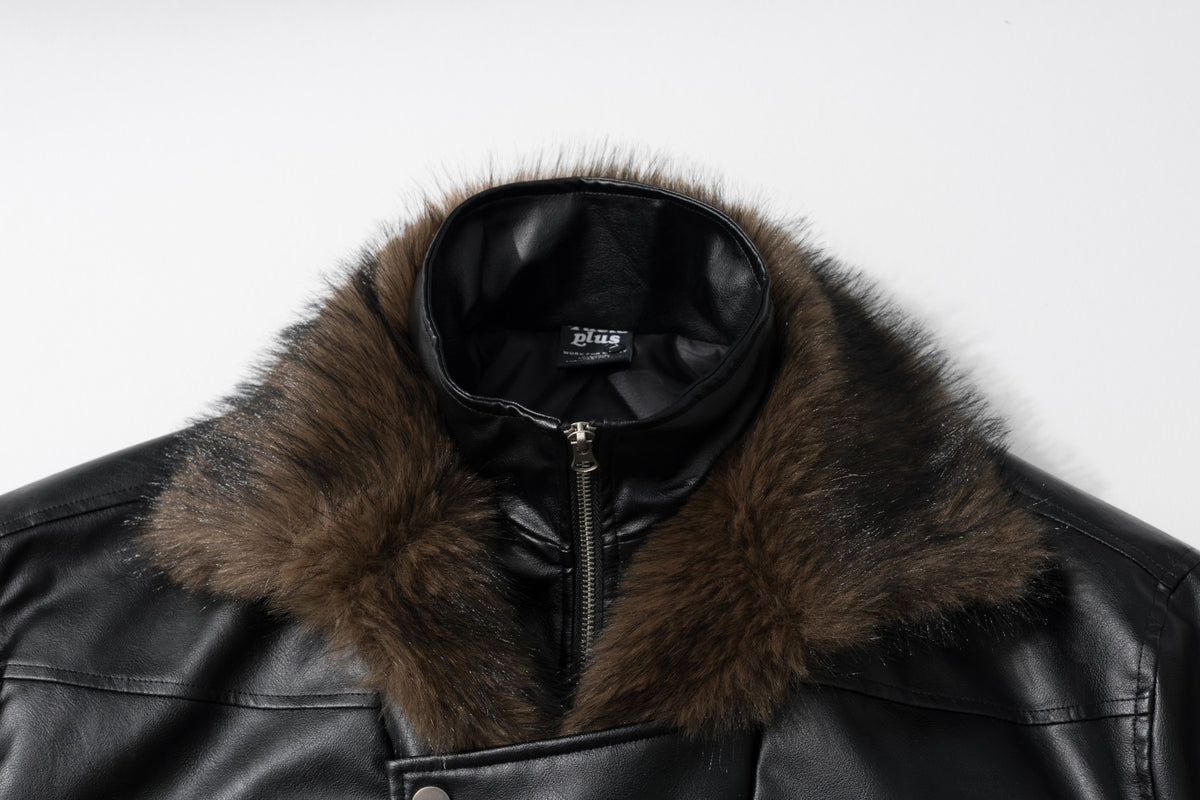 Faux Fur Collar Asymmetric Faux Leather Bomber Jacket