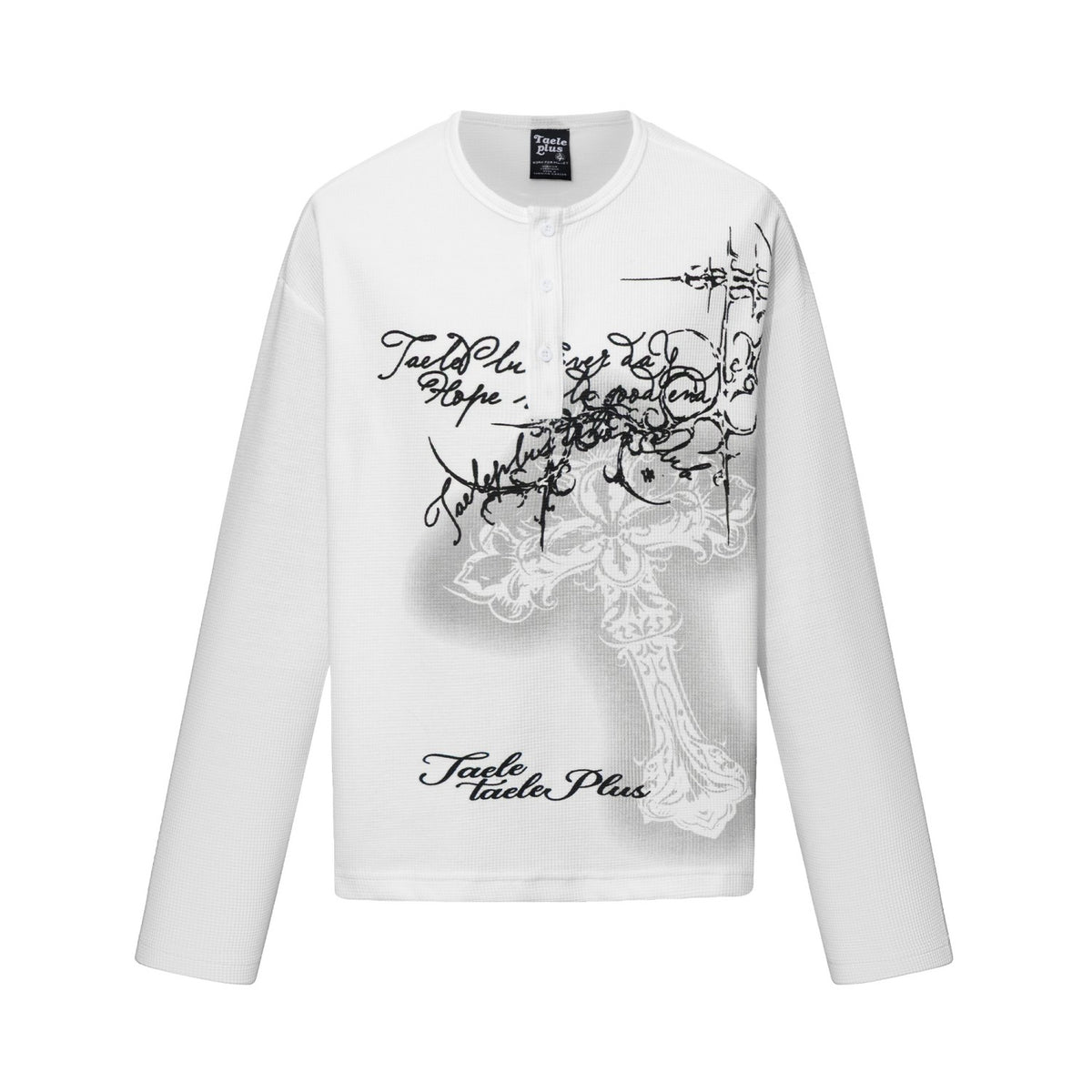 Gothic Cross Script Graphic Waffle Henley Long Sleeve